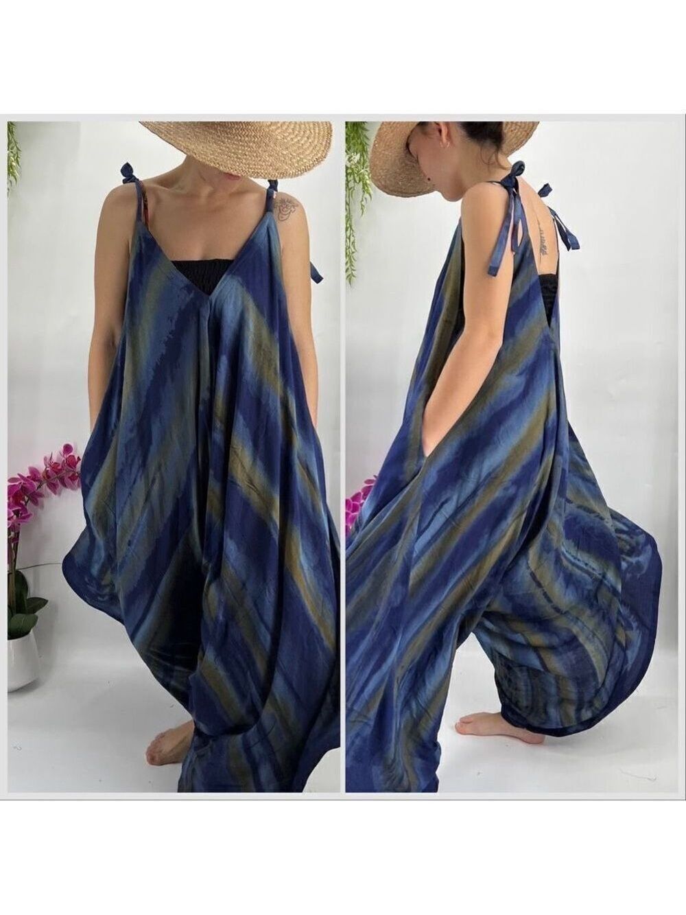 Pōʻalima Blue Tan Tropical Boho Wide Leg Beach Romper